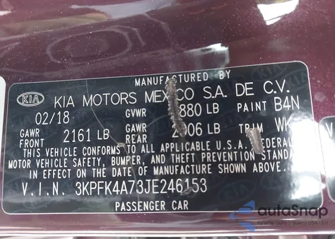 2018 Kia Forte Lx from USA, damaged, VIN 3KPFK4A73JE246153